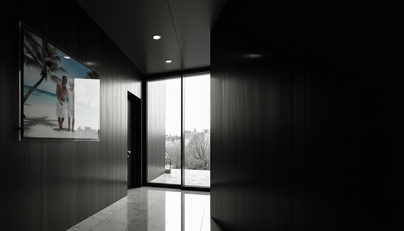 Tableau plexiglas dans un hall d’entrée — rendu premium